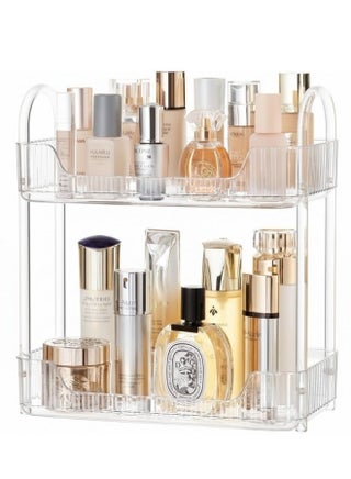 2-Tier Clear Acrylic Makeup Organizer – Cosmetic and Skincare Storage Rack for Perfumes, Creams, Serums, and Bottles – Elegant, Practical, and Space-Saving Design – Perfect for Vanity Tables, Bathroom Counters, and Bedroom Shelves – Moisture Resistant, Easy to Clean, Ideal for Daily Beauty Product Organization 30*17 Cm